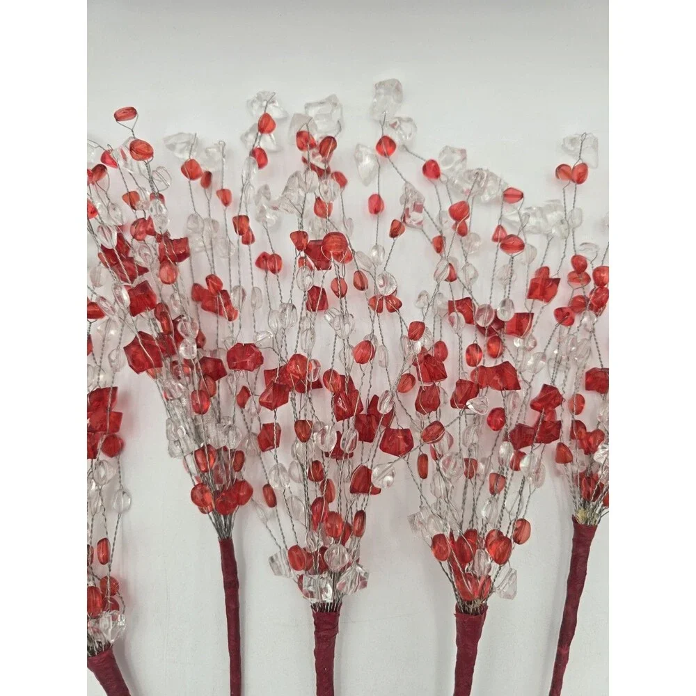 Lot Of 5 Acrylic Bead Spray Red & Clear Picks Holiday Craft Flower‎ Arrangement